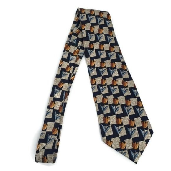 Nina Ricci Paris Silk Tie With Geometric & Tulip Pattern In Navy & Gold Colors - Picture 3 of 6